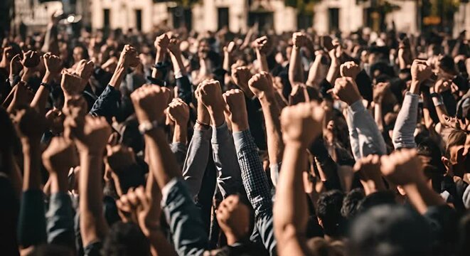 People raising their fists in a demonstration.