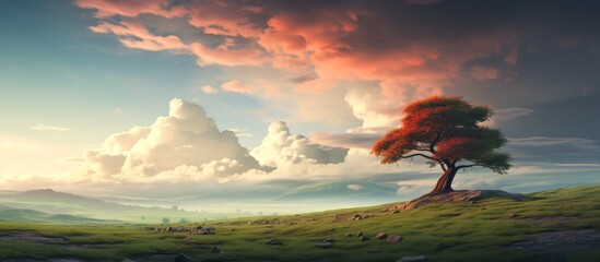 A tree stands on a grassy hill under a cloudy sky, creating a serene natural landscape with cumulus...