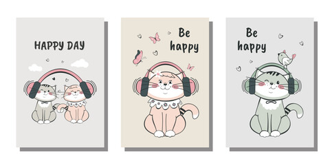 A set of birthday greeting cards, poster, invitation, template, greeting cards. Funny kittens with headphones listening to music. Vector design.