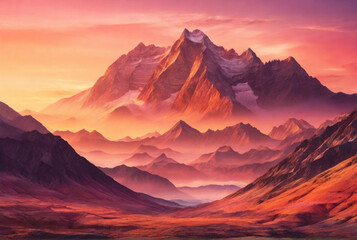 A  breathtaking mountain landscape with a pink sunset