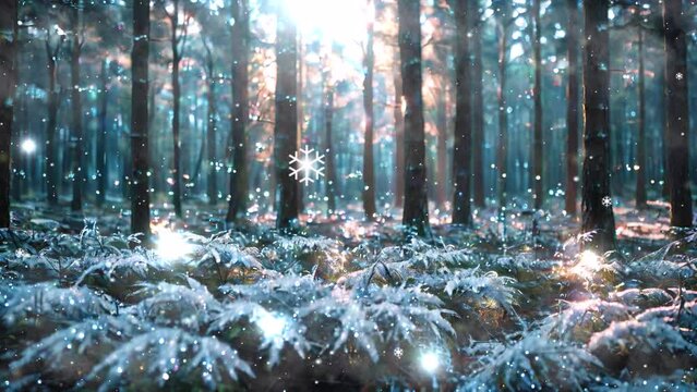 Pine trees in a snowy forest, sunlight reflecting off falling snow, a captivating 4k looping Christmas video background.