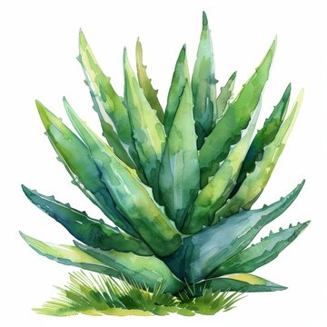 Watercolor painting of aloe vera leaves on white background, Generative AI