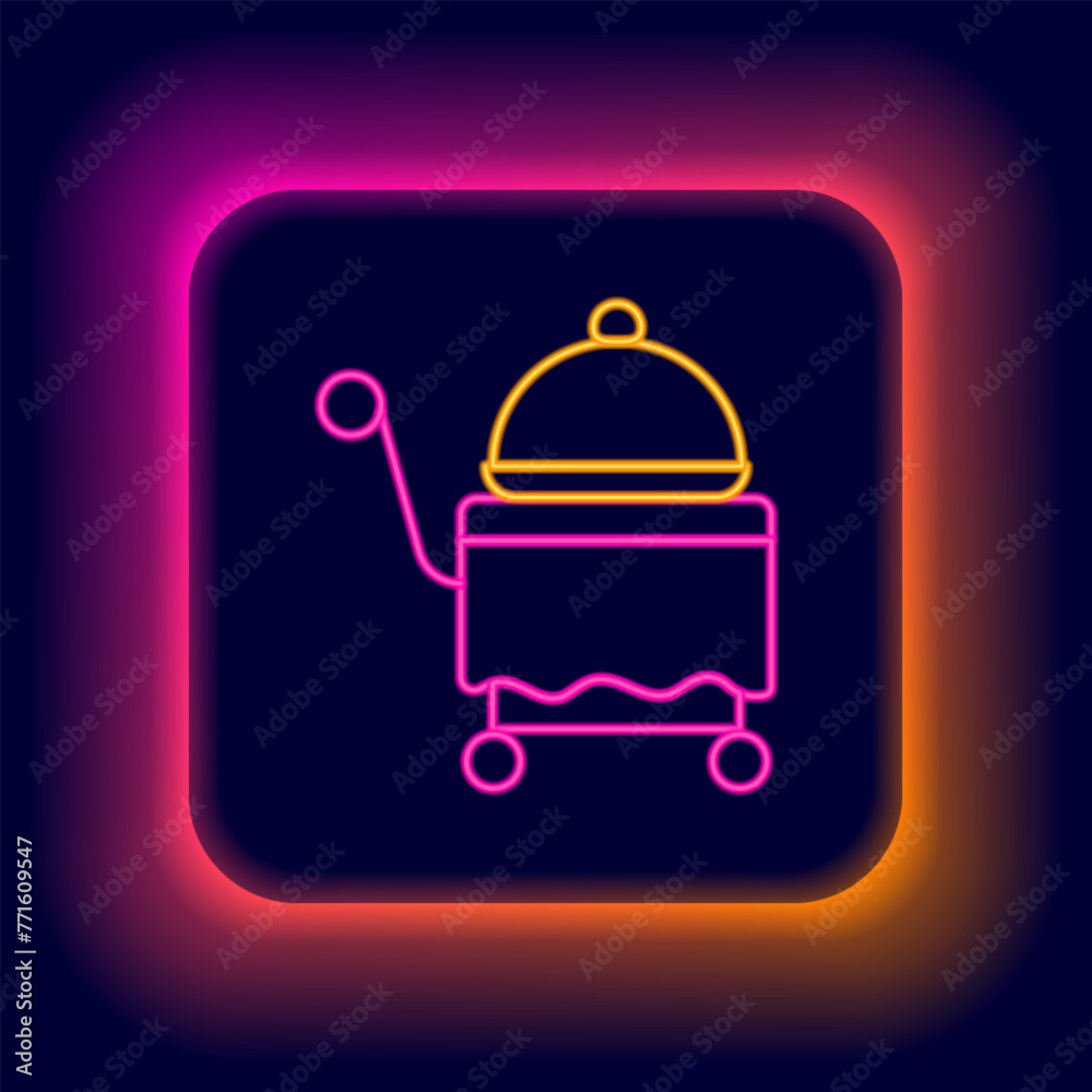 Wall mural Glowing neon line Covered with a tray of food icon isolated on black background. Tray and lid sign. Restaurant cloche with lid. Colorful outline concept. Vector