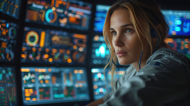 Focused woman in a control room with futuristic digital screens.