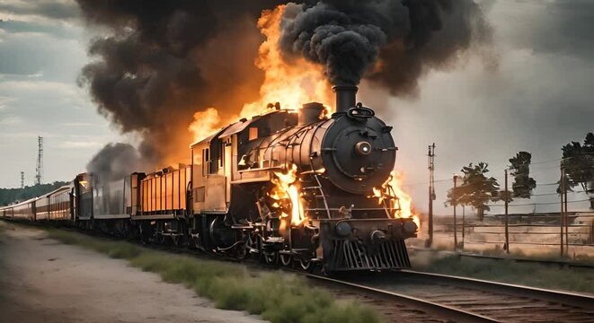 Steam train on fire.