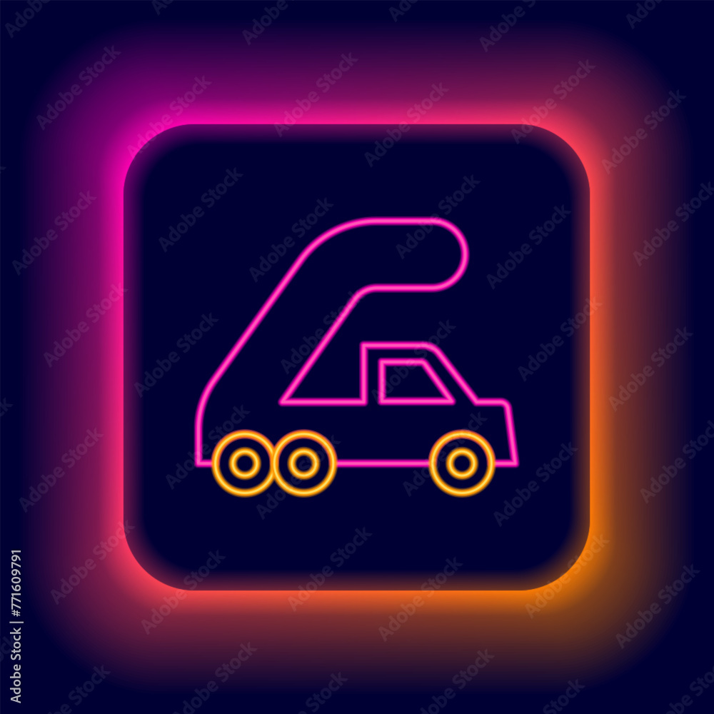 Poster glowing neon line passenger ladder for plane boarding icon isolated on black background. airport sta