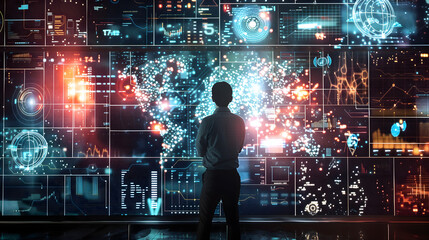 A man stands in front of the screen, surrounded by various data and charts. The background is filled with digital images representing technology and business elements