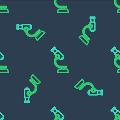 Line Microscope icon isolated seamless pattern on blue background. Chemistry, pharmaceutical instrument, microbiology magnifying tool. Vector