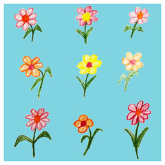Set of different flowers drawn by hand in pencil, naive style