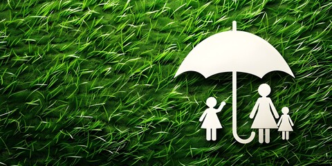 Symbolizing Protection: Paper Cutout of Insurance Icons on Green Grass Background. Concept Insurance Icons, Paper Cutout, Green Grass Background, Protection Symbolism, Symbolic Imagery