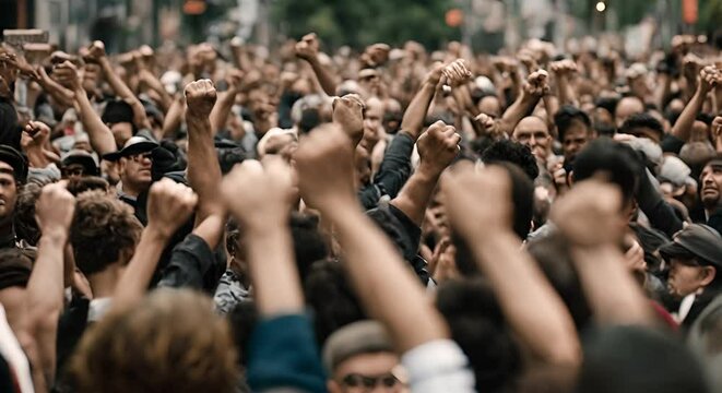 People raising their fists in a demonstration.