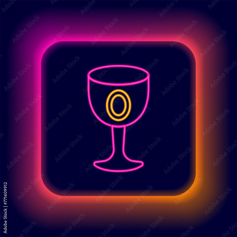 Sticker Glowing neon line Medieval goblet icon isolated on black background. Holy grail. Colorful outline concept. Vector