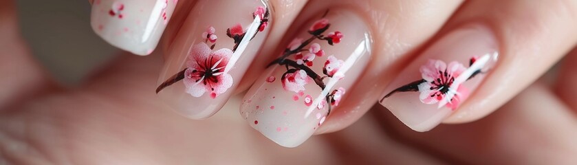 A Close-up of an artistic manicure with a detailed floral nail design