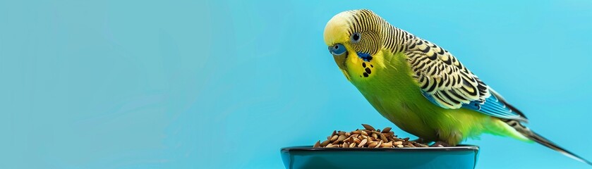 A colorful budgerigar happily eating from a bowl full of seeds on a simple blue background. - obrazy, fototapety, plakaty