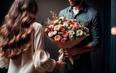 A man holding a bouquet of flowers behind a woman.