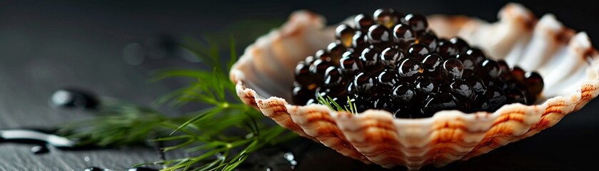 A Gourmet presentation of black caviar served in a scallop shell with dill on a dark - obrazy, fototapety, plakaty