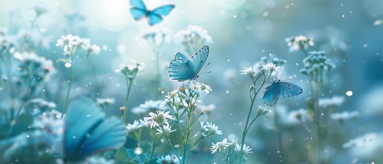 A gentle scene of blue butterflies flying above white flowers in a soft-focus meadow.