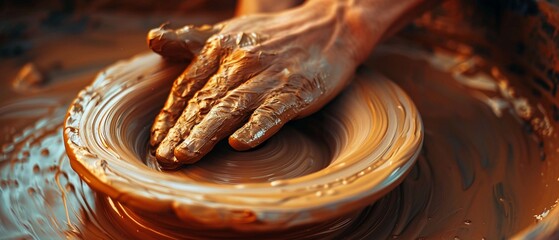 A Hands of a skilled artisan shaping clay on a potters wheel