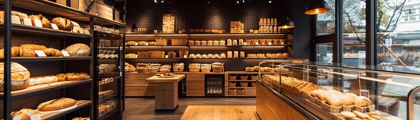 A modern bakery shop interior with well-stocked bread shelves and a clean