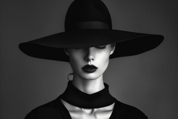 A monochrome image of a fashion model in sophisticated black attire with a wide-brimmed hat - obrazy, fototapety, plakaty