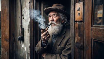 An old man with a white beard smokes a pipe while standing in a doorway.