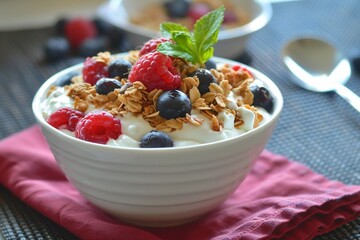A nutritious bowl of yogurt parfait layered with granola fresh raspberries