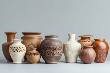 A Row of assorted ceramic pots with intricate carvings on a simple gray background. - obrazy, fototapety, plakaty