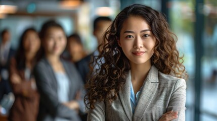 Smiling confident business leader looking at camera and standing in an office at team meeting Portrait of confident businesswoman with colleagues in boardroom Using digital tablet during a meeting