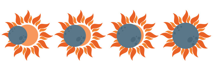 Sun eclipse, total and partial solar eclipse, several phases. Sun and moon are nearly aligned on straight line. Vector design element for project, banner, invitation