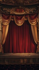 Stage with heavy curtain. Ambiance of a theater setting, showcasing the grandeur of the wooden stage with a prominent heavy curtain as a focal point.
