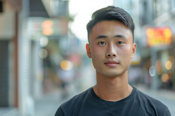 Young Asian Man in Urban Setting Portrait. Close-up of a young Asian man's face with a blurred city street background, looking directly at the camera. - obrazy, fototapety, plakaty
