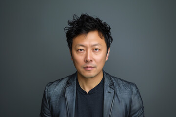 Mature Asian Man with Confident Gaze. Studio portrait of a middle-aged Asian man in a leather jacket, exhibiting a confident stance and focused look. - Powered by Adobe