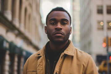 Confident African American Man in Cityscape. A strong, focused African American man standing confidently in an urban city setting with soft background lights.