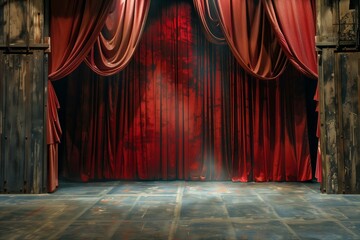 Stage with heavy curtain. Ambiance of a theater setting, showcasing the grandeur of the wooden stage with a prominent heavy curtain as a focal point. - obrazy, fototapety, plakaty