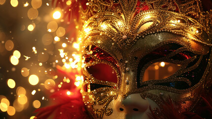Luxury golden Venice carnival mask with red feathers for the traditional festival in Venice Italy