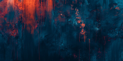 vivid abstract expressionist painting, bold knife strokes in fiery red and cool blues dark tones grunge texture.