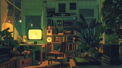 Describe the atmosphere of a late-night study session enhanced by the calming sounds of lofi beats