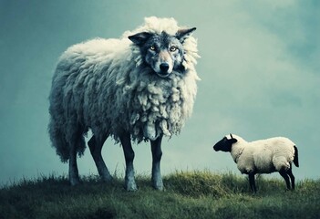 Obraz premium sheep and lamb. Wolf pretending to be a sheep concept