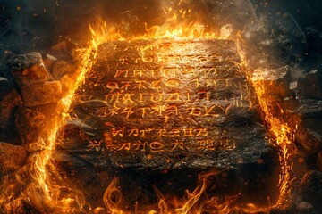 The Ten Commandments written on stone tablets written by the finger of God with fire effect, Generative AI