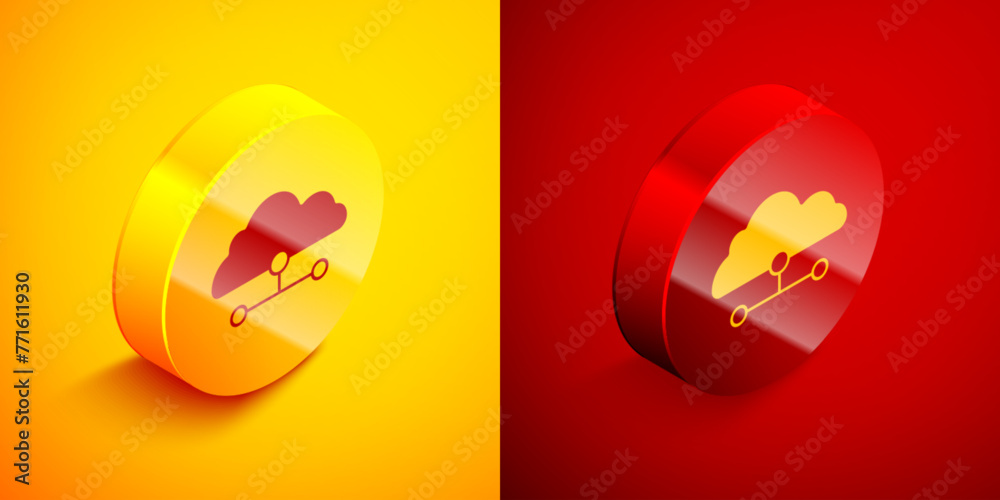 Poster isometric network cloud connection icon isolated on orange and red background. social technology. cl