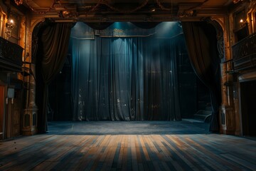 Stage with heavy curtain. Ambiance of a theater setting, showcasing the grandeur of the wooden stage with a prominent heavy curtain as a focal point. - obrazy, fototapety, plakaty