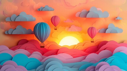 Obraz premium A colorful paper drawing of three hot air balloons floating in the sky above a sunset. The sky is filled with clouds and the sun is setting, creating a warm and peaceful atmosphere