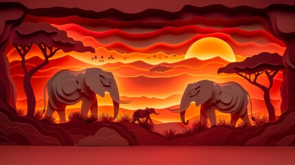 A paper cutout of two elephants walking through a forest with a sunset in the background
