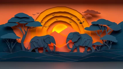 Poster Two elephants walking in the wild, with a sunset in the background © Sodapeaw