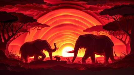 A drawing of two elephants and a baby elephant walking through a forest with a sunset in the background