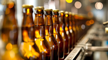 Row of Beer Bottles on Conveyor Belt - obrazy, fototapety, plakaty