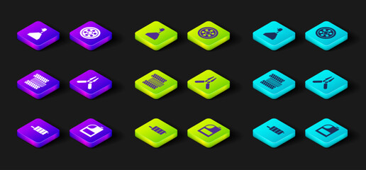 Set Car muffler, Canister for motor machine oil, tire wheel, battery jumper power cable, Alloy and Gear shifter icon. Vector