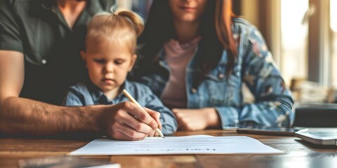 Family finalizing real estate agreement with bank representative in an office. Concept Real Estate Closing, Bank Negotiations, Property Purchase, Important Documents, Financial Agreement