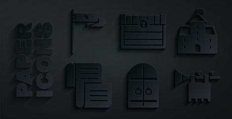 Set Medieval castle gate, Castle, fortress, Decree, parchment, scroll, Trumpet with flag, Antique treasure chest and icon. Vector