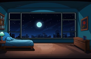 Cozy Nighttime Bedroom Interior with Moonlit Window View